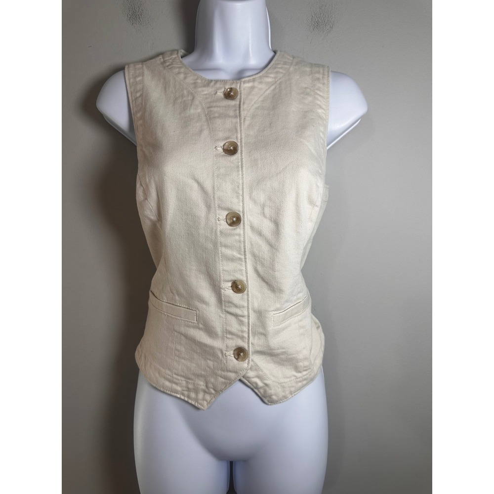 Banana Republic Denim Short Classic Vest Ecru Off White Cotton Blend Size Small